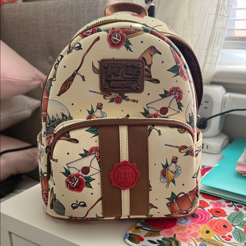 BRAND NEW!!! Loungefly Harry Potter Tattoo Art Cream Color Backpack - Picture 2 of 6
